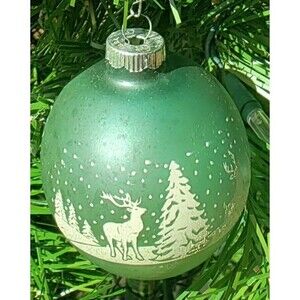 Vintage Green Glass Christmas Ornament w/White Stencil Holiday Design Tree Buck
